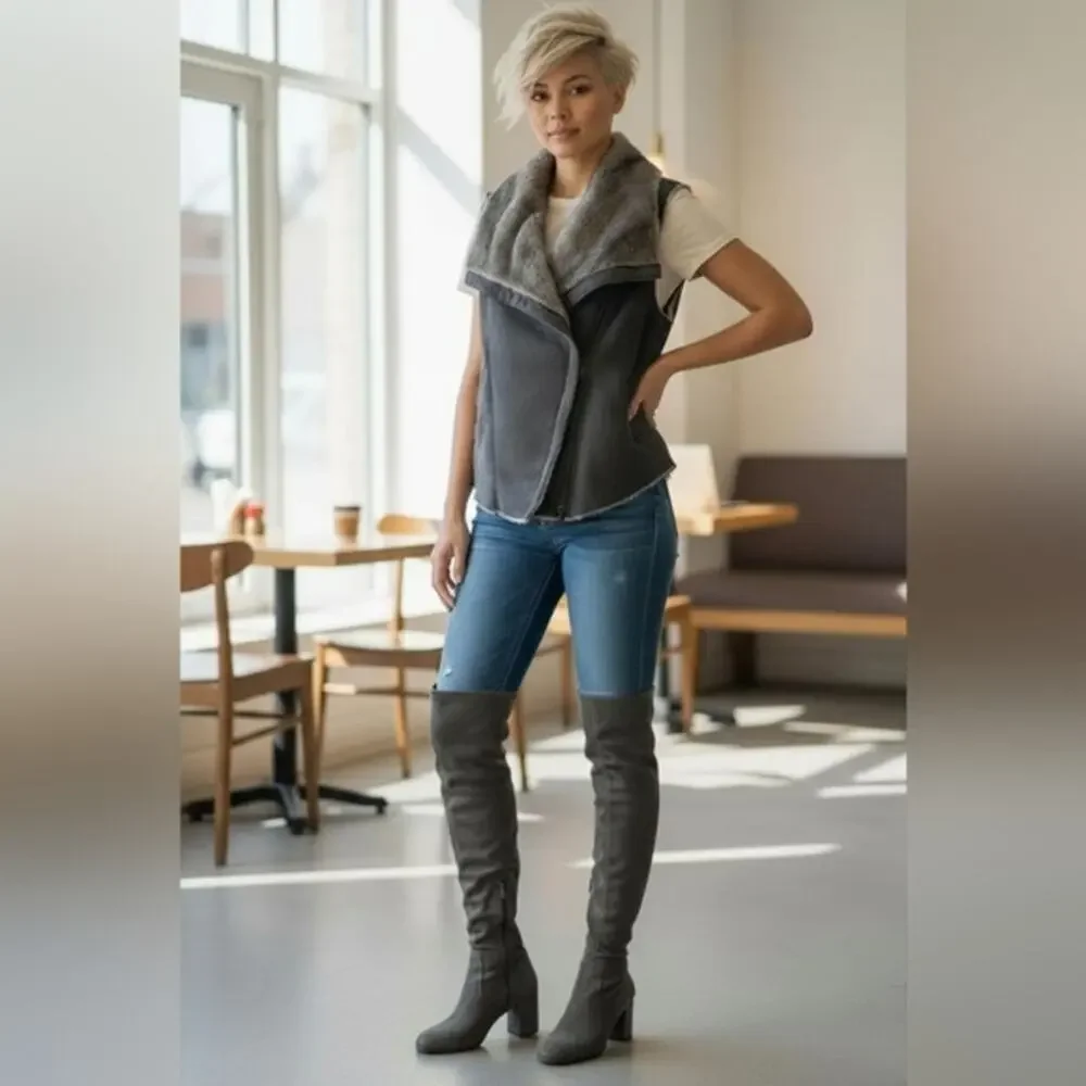 Stuart Weitzman Over The Knee Boots Sz 7M GRAY Leather SUEDE Pullon TIELAND $980